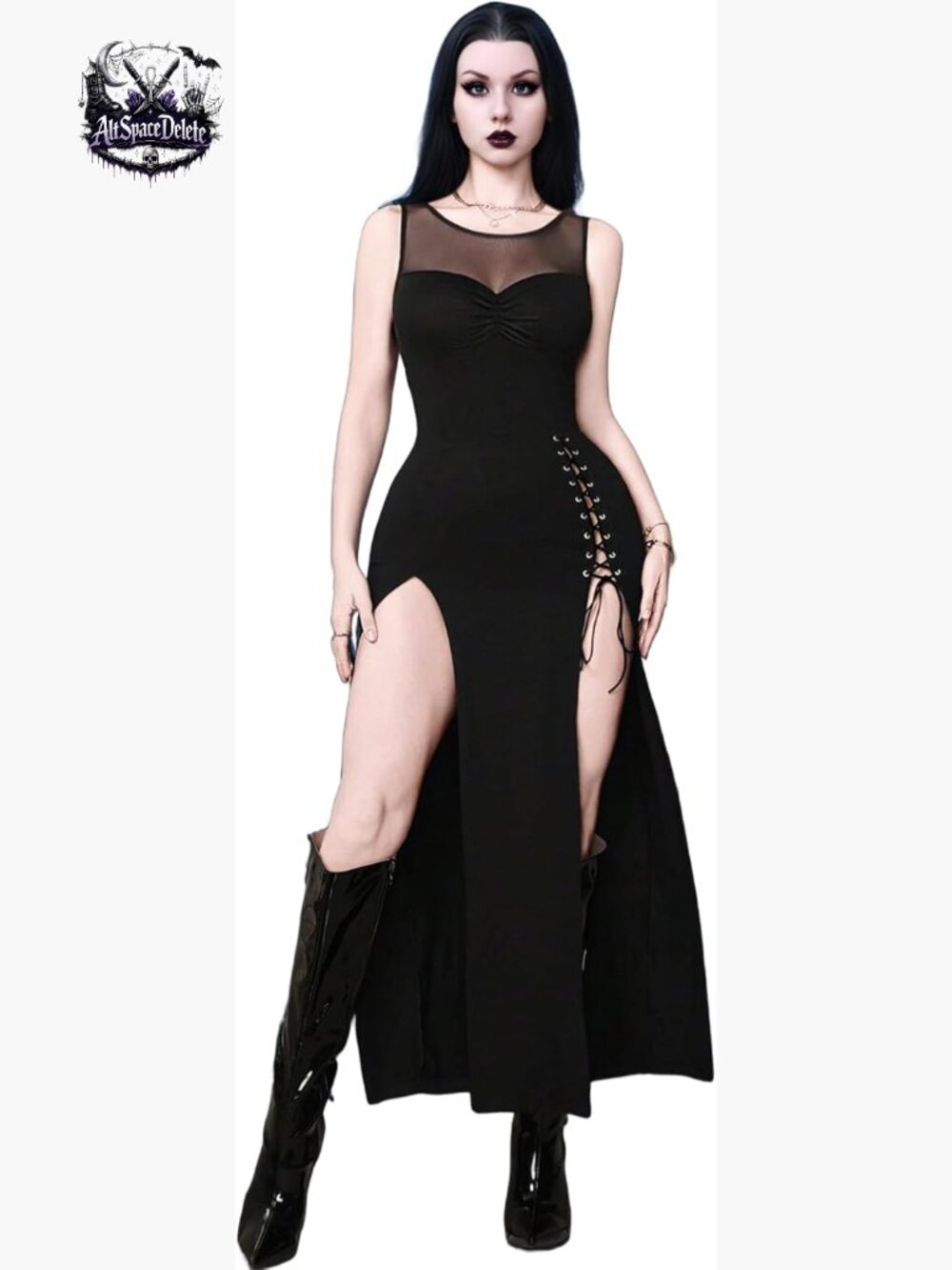 Mesh Splicing Punk Dress with Side Cut-Outs and Rope Accents